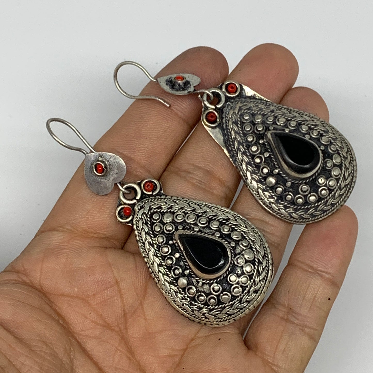 22.8g, 2.8"x1.1" Turkmen Earring Tribal Jewelry Black Carnelian Teardrop Boho, B