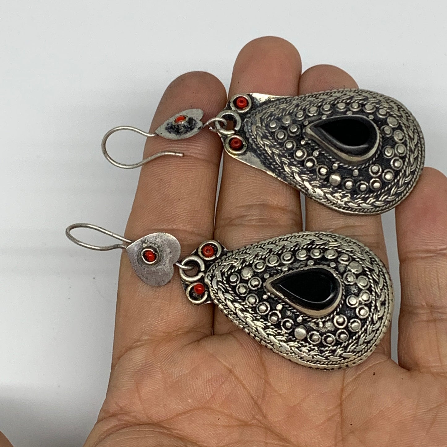 22.8g, 2.8"x1.1" Turkmen Earring Tribal Jewelry Black Carnelian Teardrop Boho, B