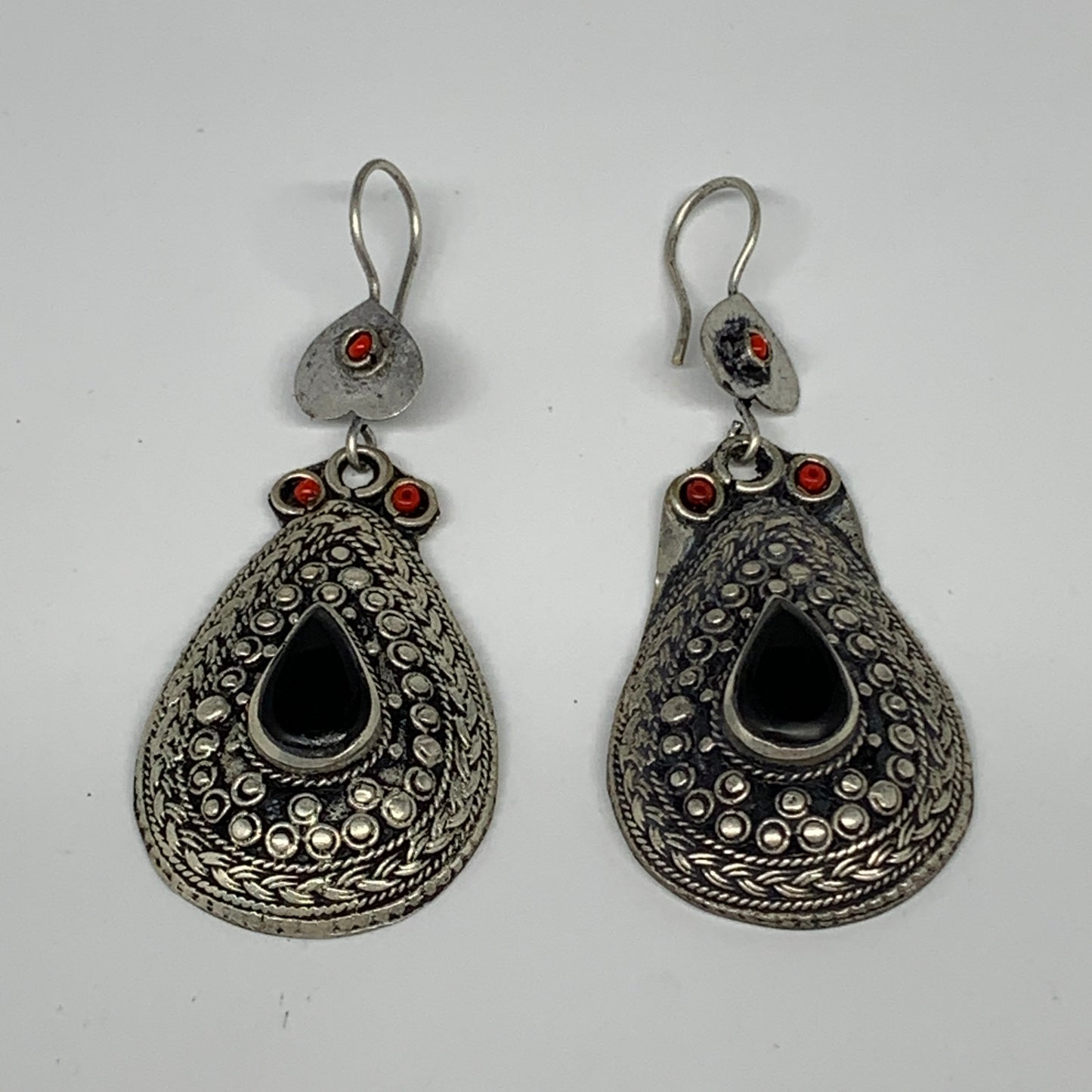 22.8g, 2.8"x1.1" Turkmen Earring Tribal Jewelry Black Carnelian Teardrop Boho, B