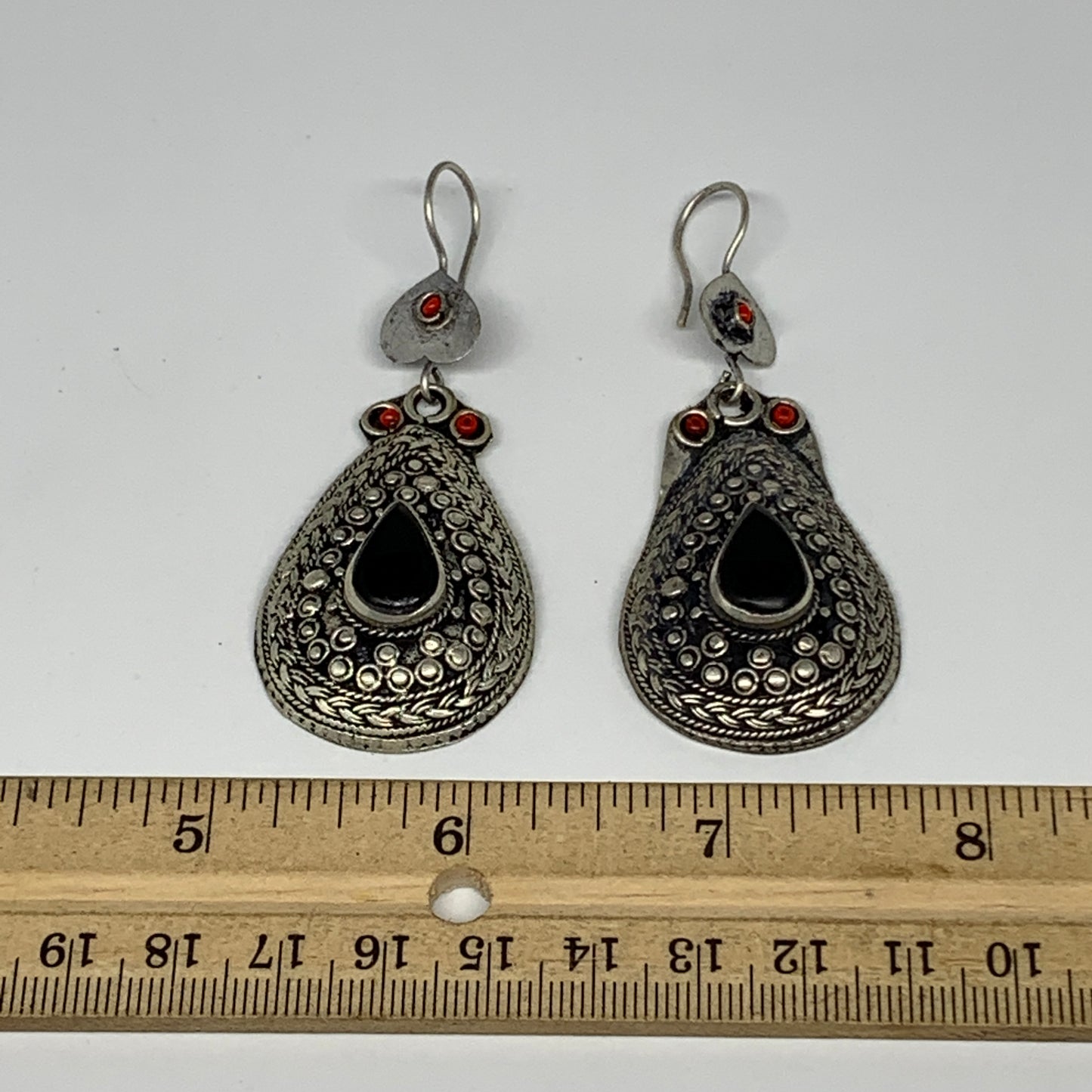 22.8g, 2.8"x1.1" Turkmen Earring Tribal Jewelry Black Carnelian Teardrop Boho, B