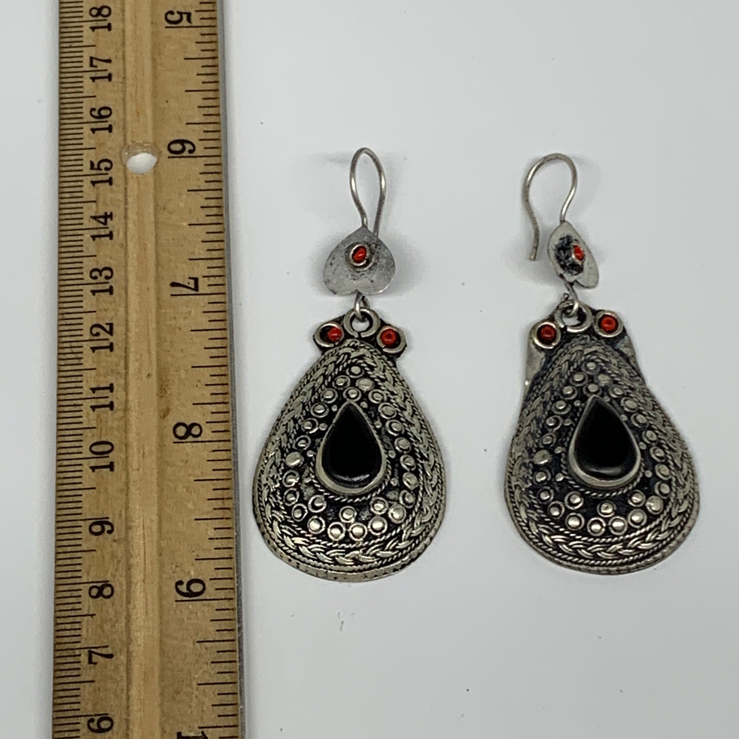 22.8g, 2.8"x1.1" Turkmen Earring Tribal Jewelry Black Carnelian Teardrop Boho, B
