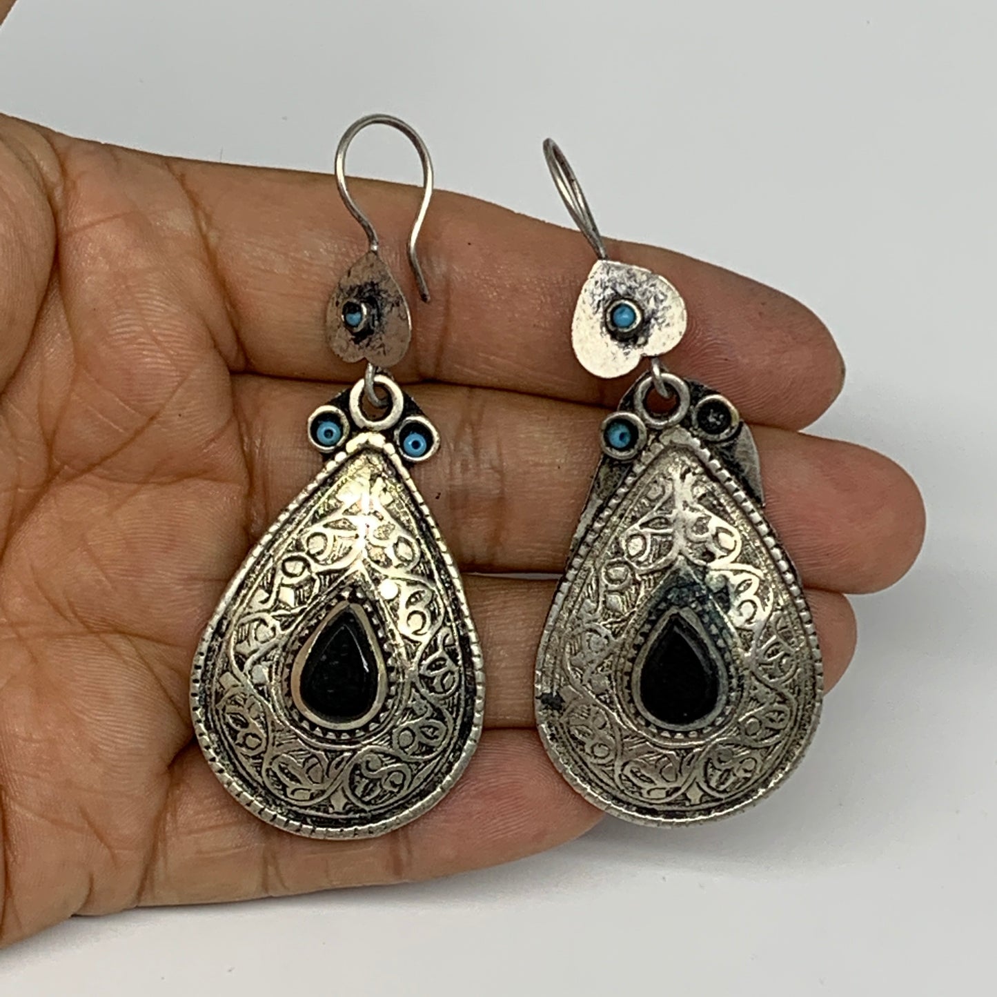 20g, 2.8"x1.1" Turkmen Earring Tribal Jewelry Black Carnelian Teardrop Boho, B14