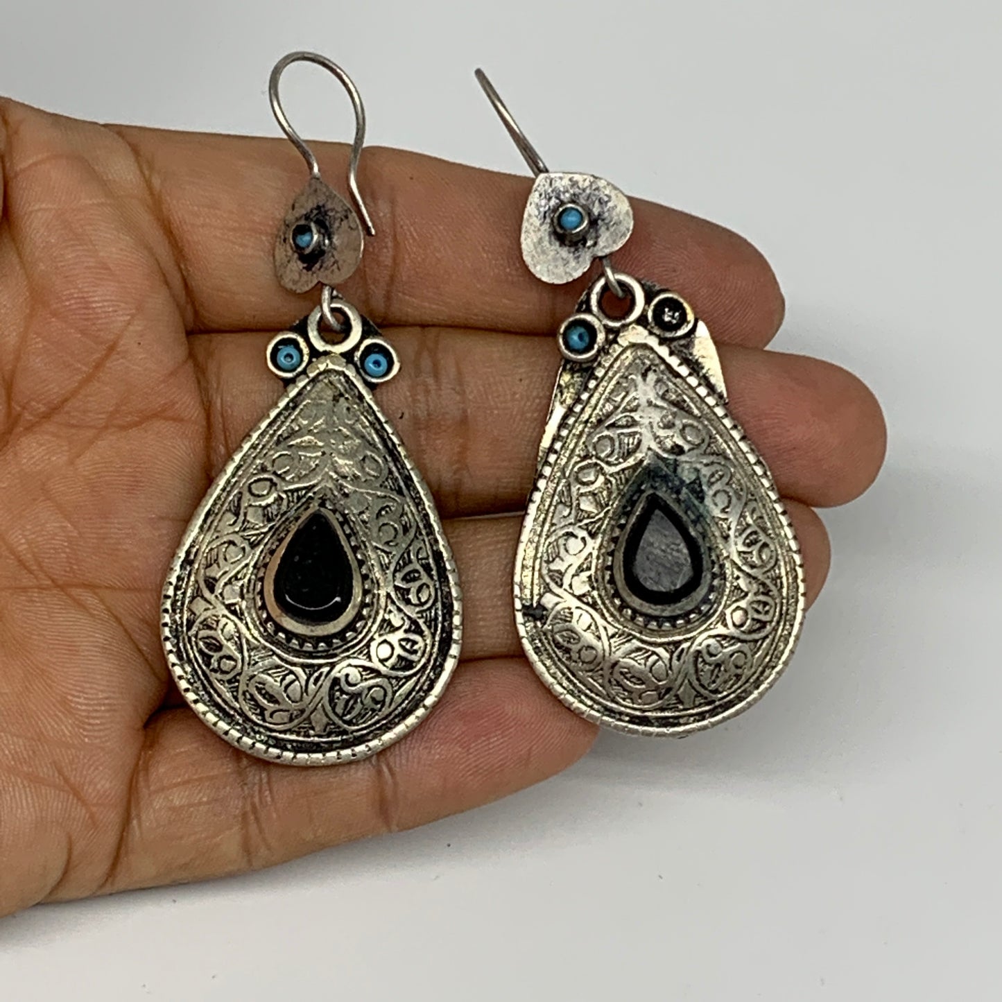 20g, 2.8"x1.1" Turkmen Earring Tribal Jewelry Black Carnelian Teardrop Boho, B14