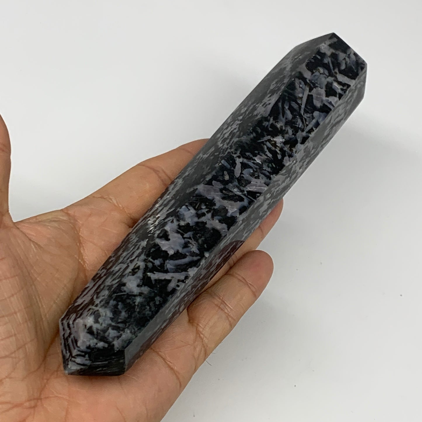 366.3g, 7.5"x1.4"x1.2" Indigo Gabro Merlinite Point Tower @Madagascar,B18297
