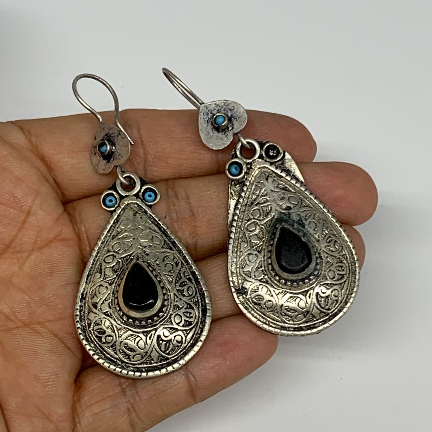 20g, 2.8"x1.1" Turkmen Earring Tribal Jewelry Black Carnelian Teardrop Boho, B14