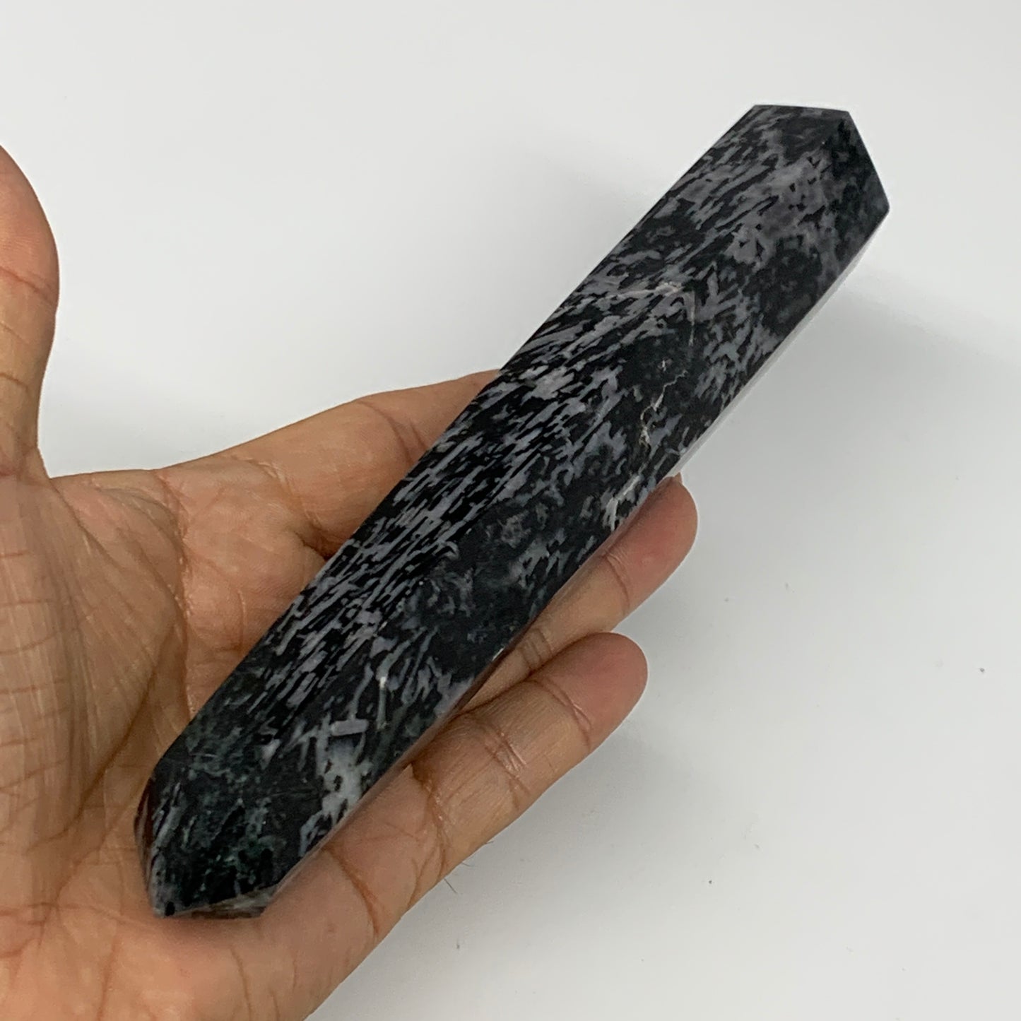 366.3g, 7.5"x1.4"x1.2" Indigo Gabro Merlinite Point Tower @Madagascar,B18297