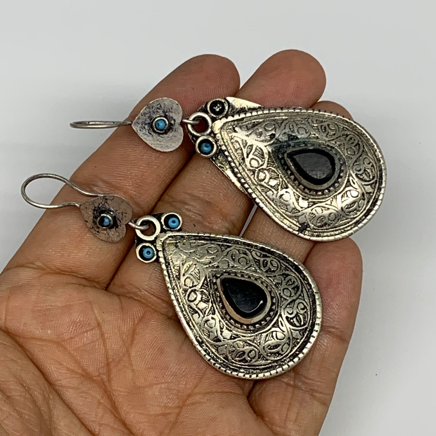 20g, 2.8"x1.1" Turkmen Earring Tribal Jewelry Black Carnelian Teardrop Boho, B14