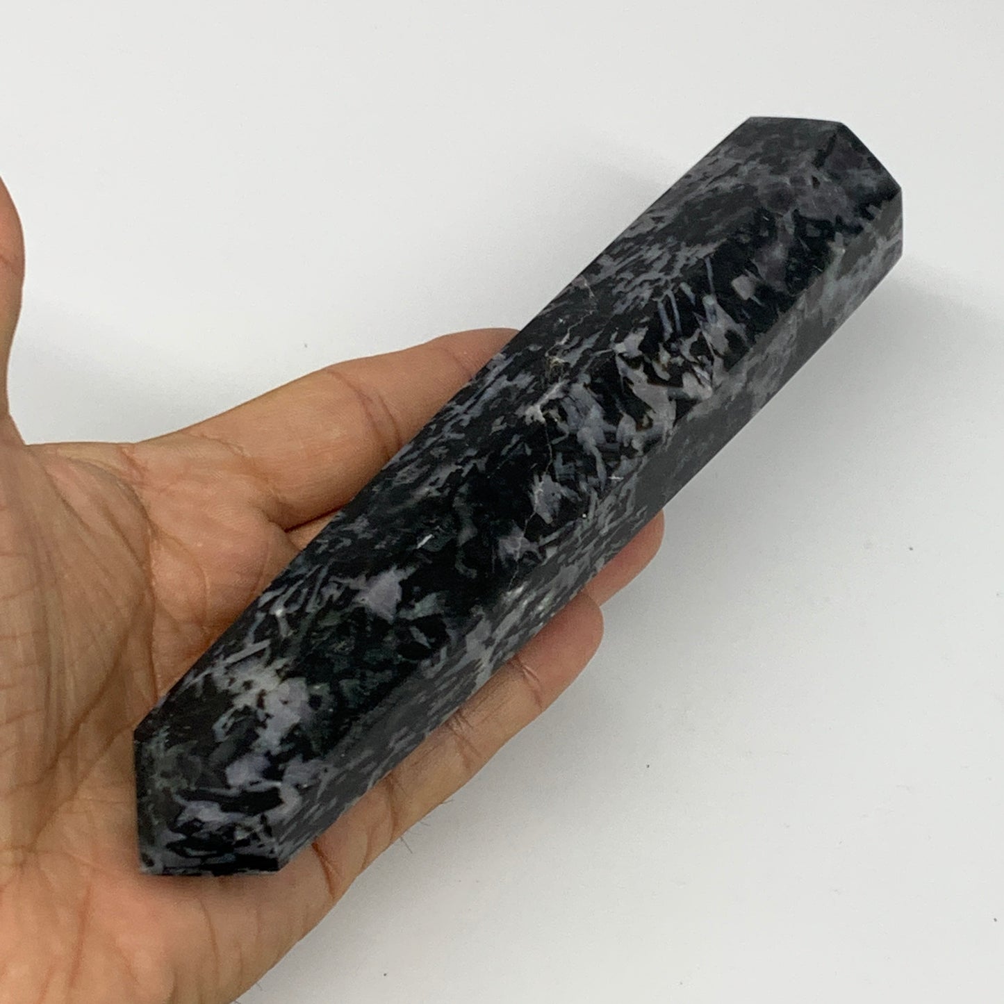 366.3g, 7.5"x1.4"x1.2" Indigo Gabro Merlinite Point Tower @Madagascar,B18297
