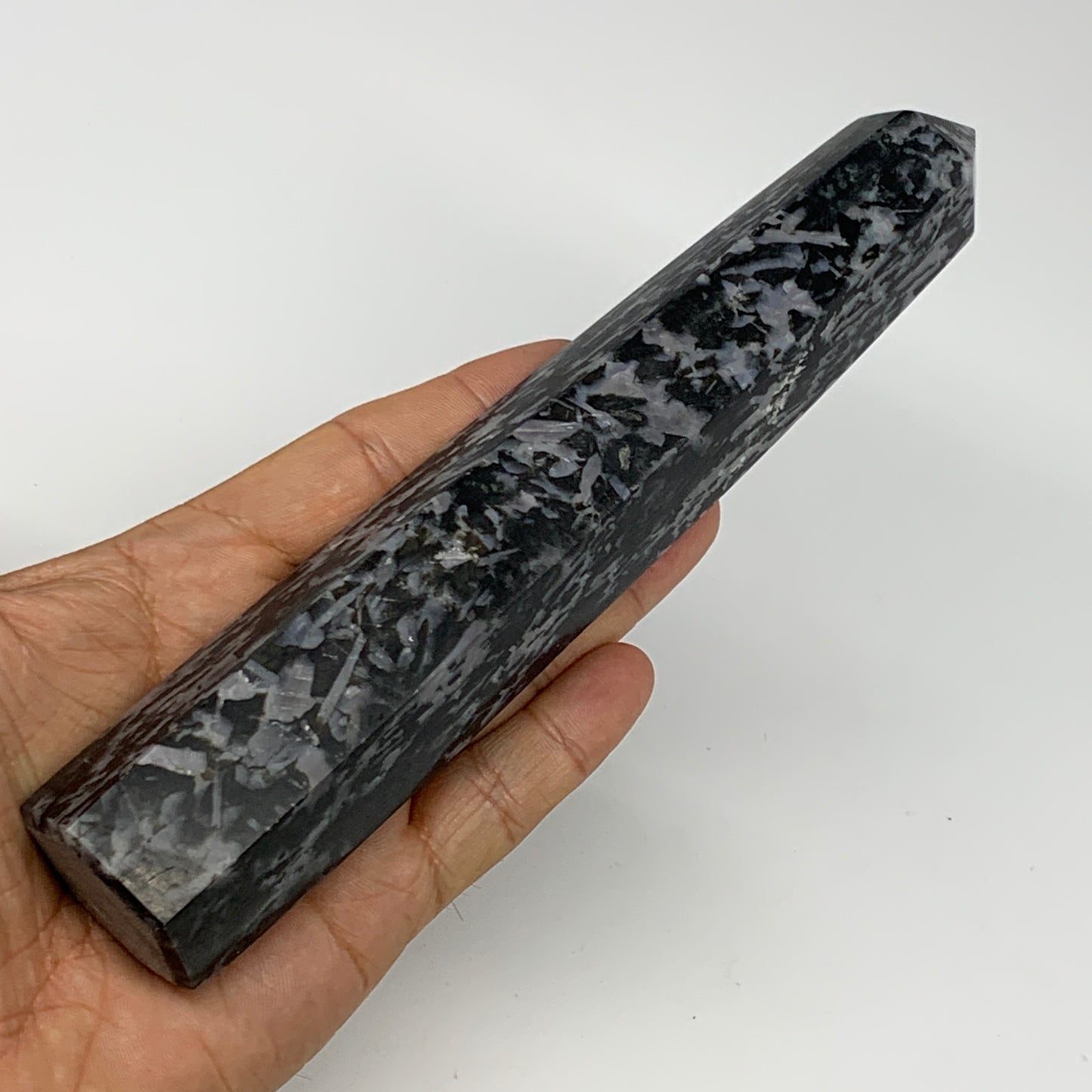 366.3g, 7.5"x1.4"x1.2" Indigo Gabro Merlinite Point Tower @Madagascar,B18297