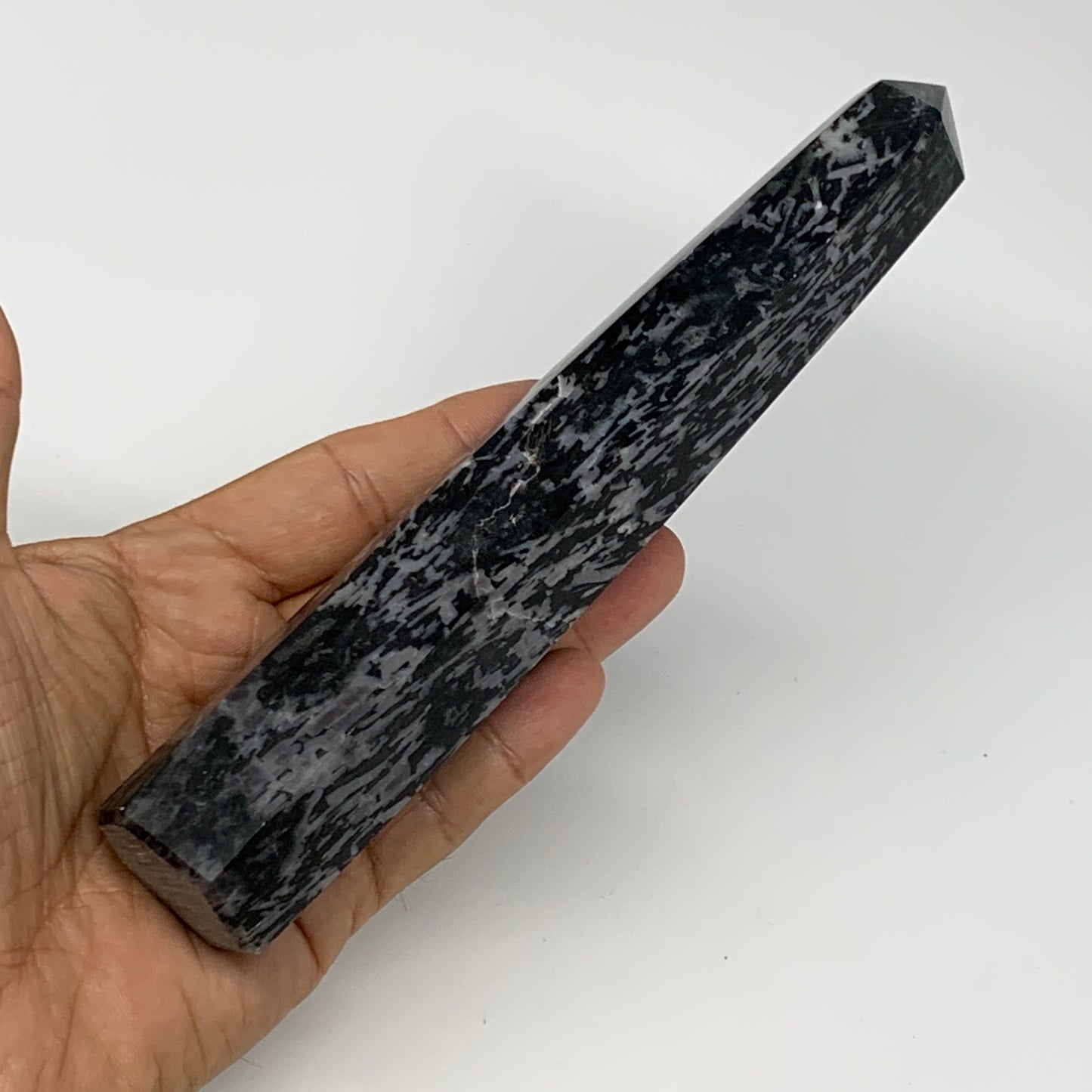 366.3g, 7.5"x1.4"x1.2" Indigo Gabro Merlinite Point Tower @Madagascar,B18297