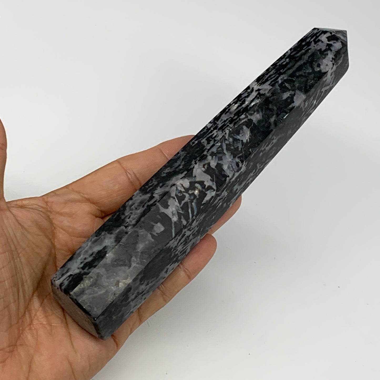 366.3g, 7.5"x1.4"x1.2" Indigo Gabro Merlinite Point Tower @Madagascar,B18297