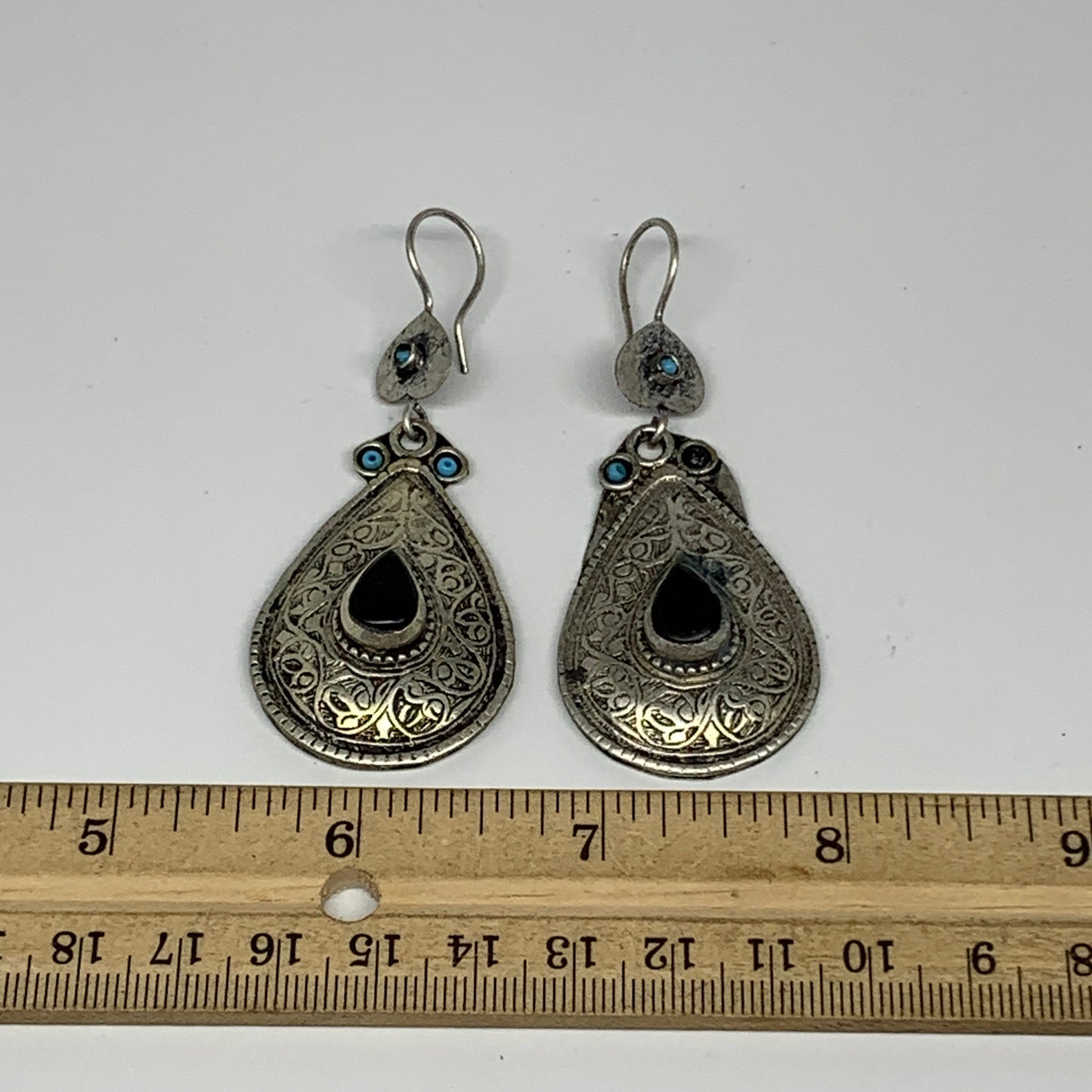 20g, 2.8"x1.1" Turkmen Earring Tribal Jewelry Black Carnelian Teardrop Boho, B14