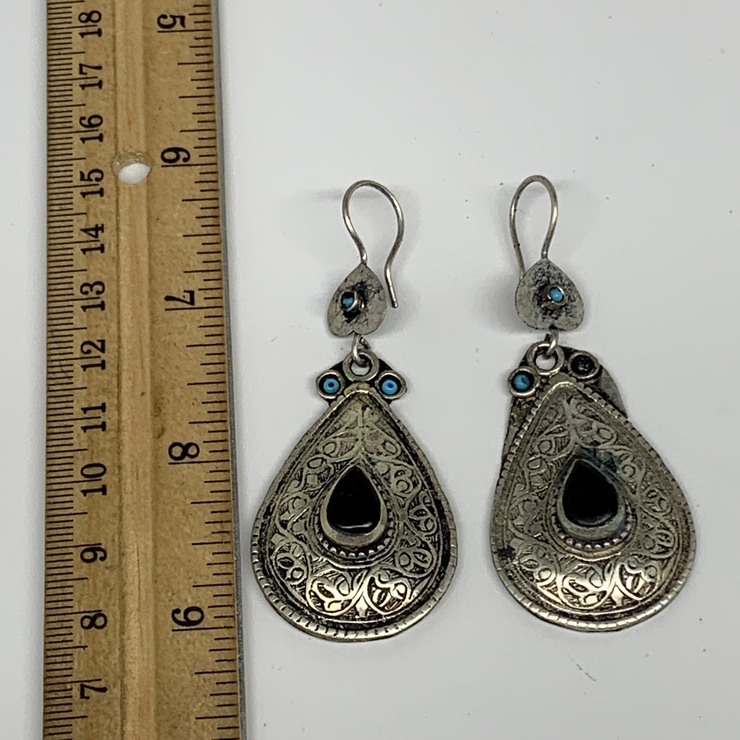 20g, 2.8"x1.1" Turkmen Earring Tribal Jewelry Black Carnelian Teardrop Boho, B14