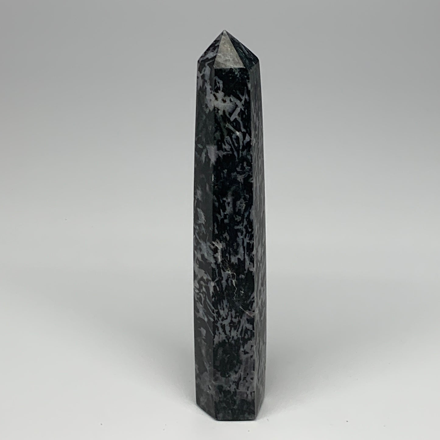 366.3g, 7.5"x1.4"x1.2" Indigo Gabro Merlinite Point Tower @Madagascar,B18297