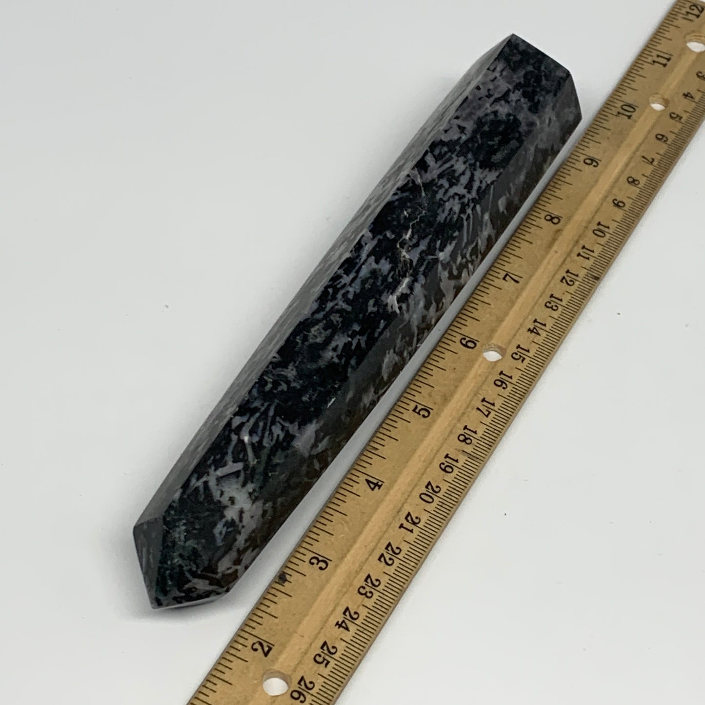 366.3g, 7.5"x1.4"x1.2" Indigo Gabro Merlinite Point Tower @Madagascar,B18297