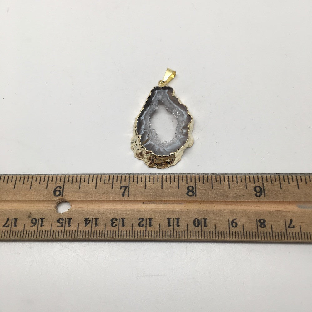 34 Cts Agate Druzy Slice Geode Gold Plated Pendant Handmade from Brazil, Bp818