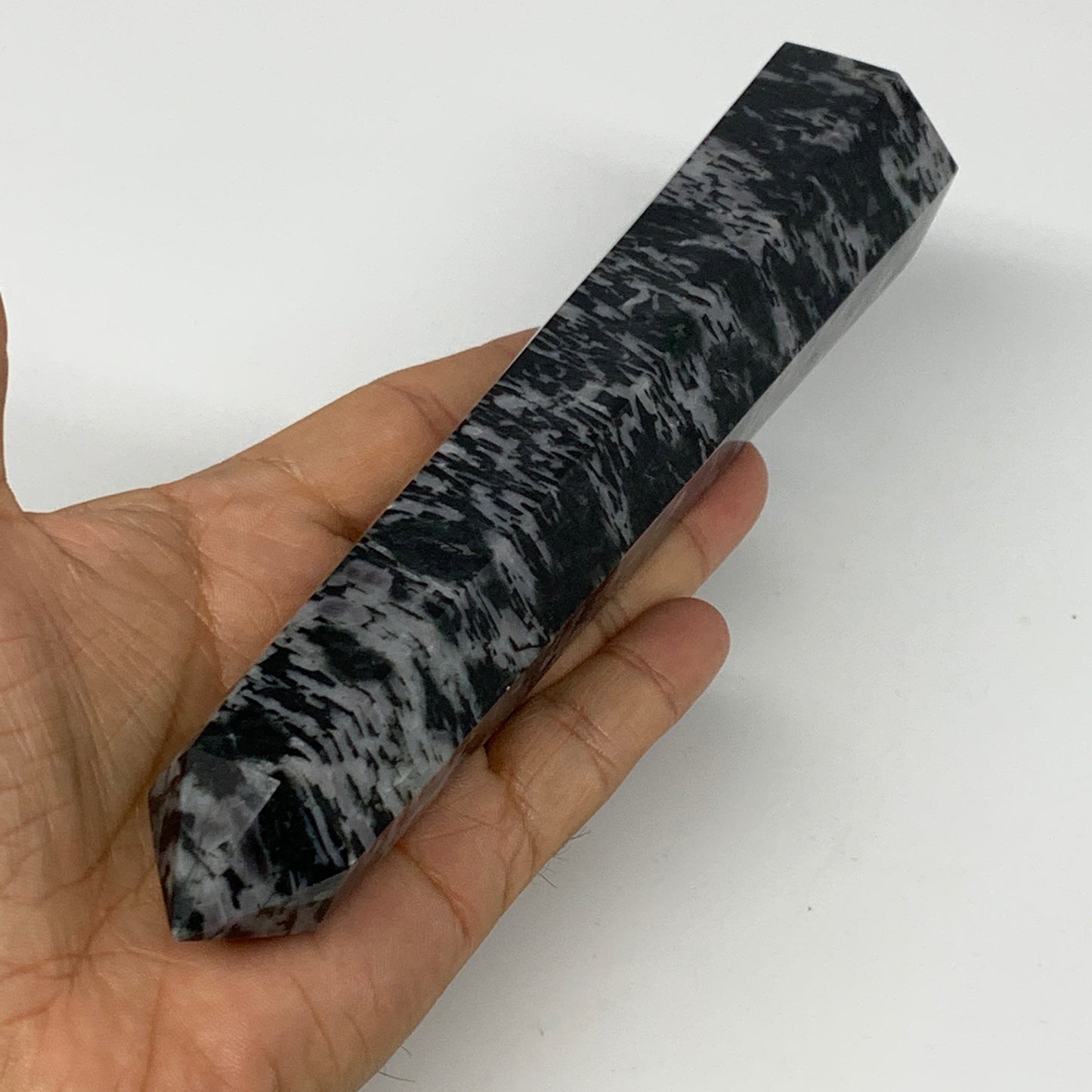 402.2g, 7.1"x1.6"x1.4" Indigo Gabro Merlinite Point Tower @Madagascar,B18298