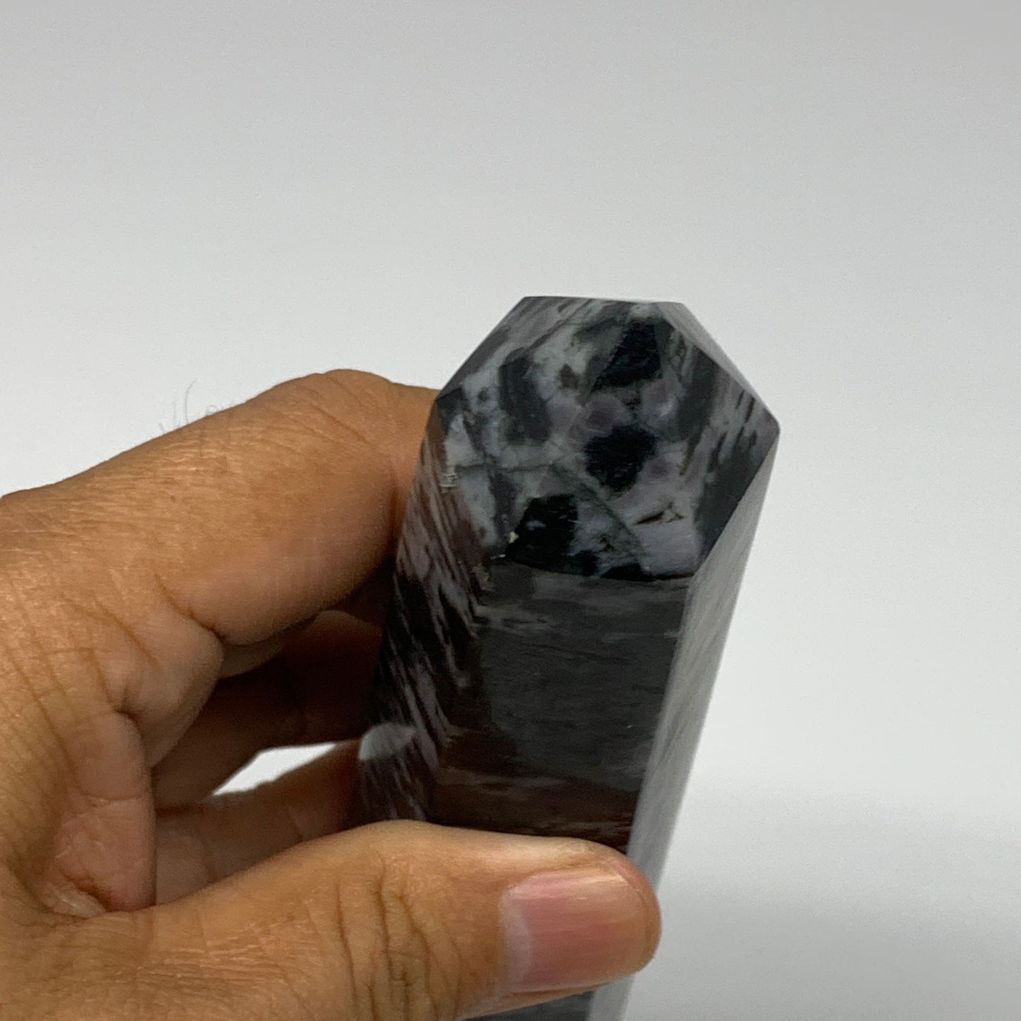 402.2g, 7.1"x1.6"x1.4" Indigo Gabro Merlinite Point Tower @Madagascar,B18298