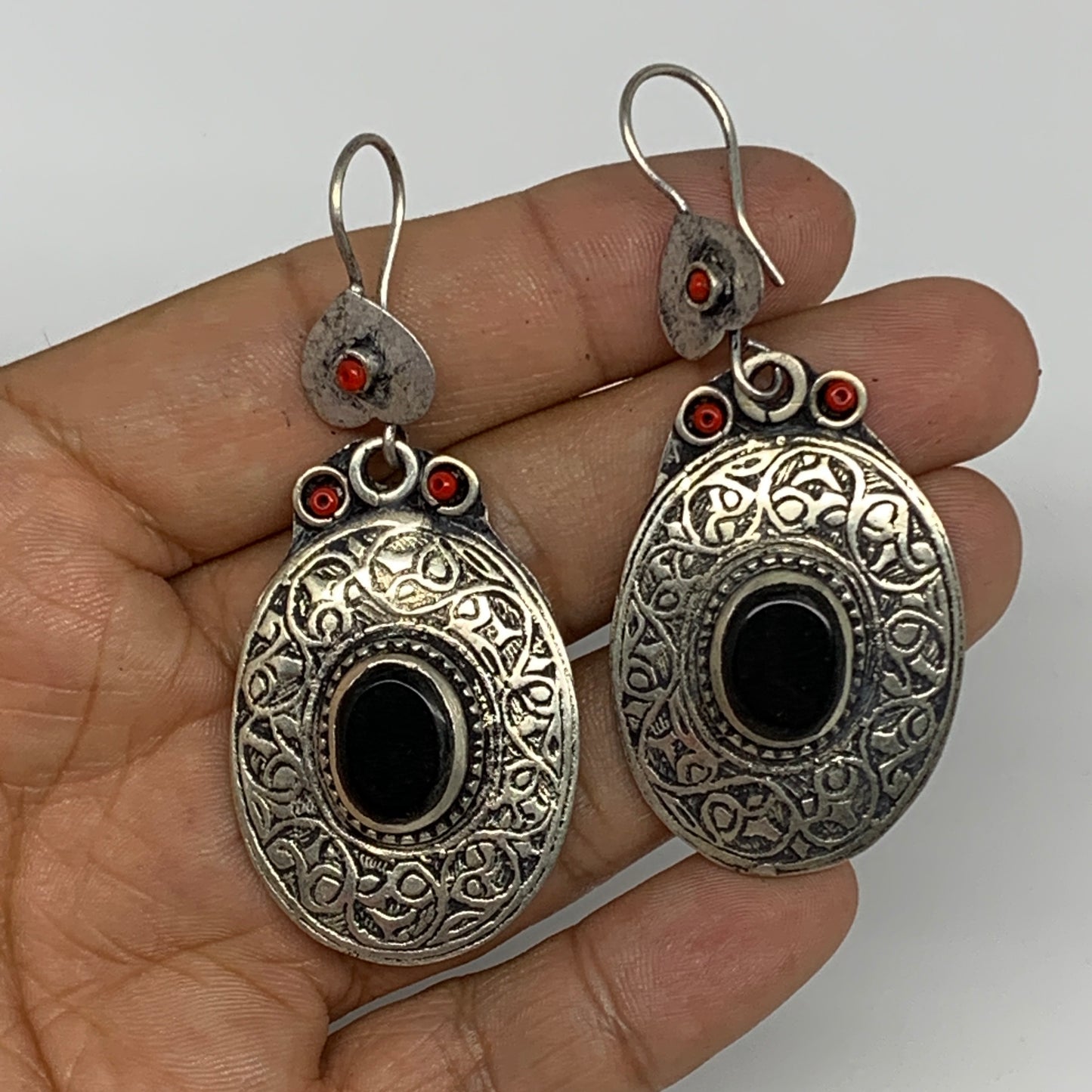 18.9g, 2.6"x1.1" Turkmen Earring Tribal Jewelry Black Carnelian Oval Boho, B1422