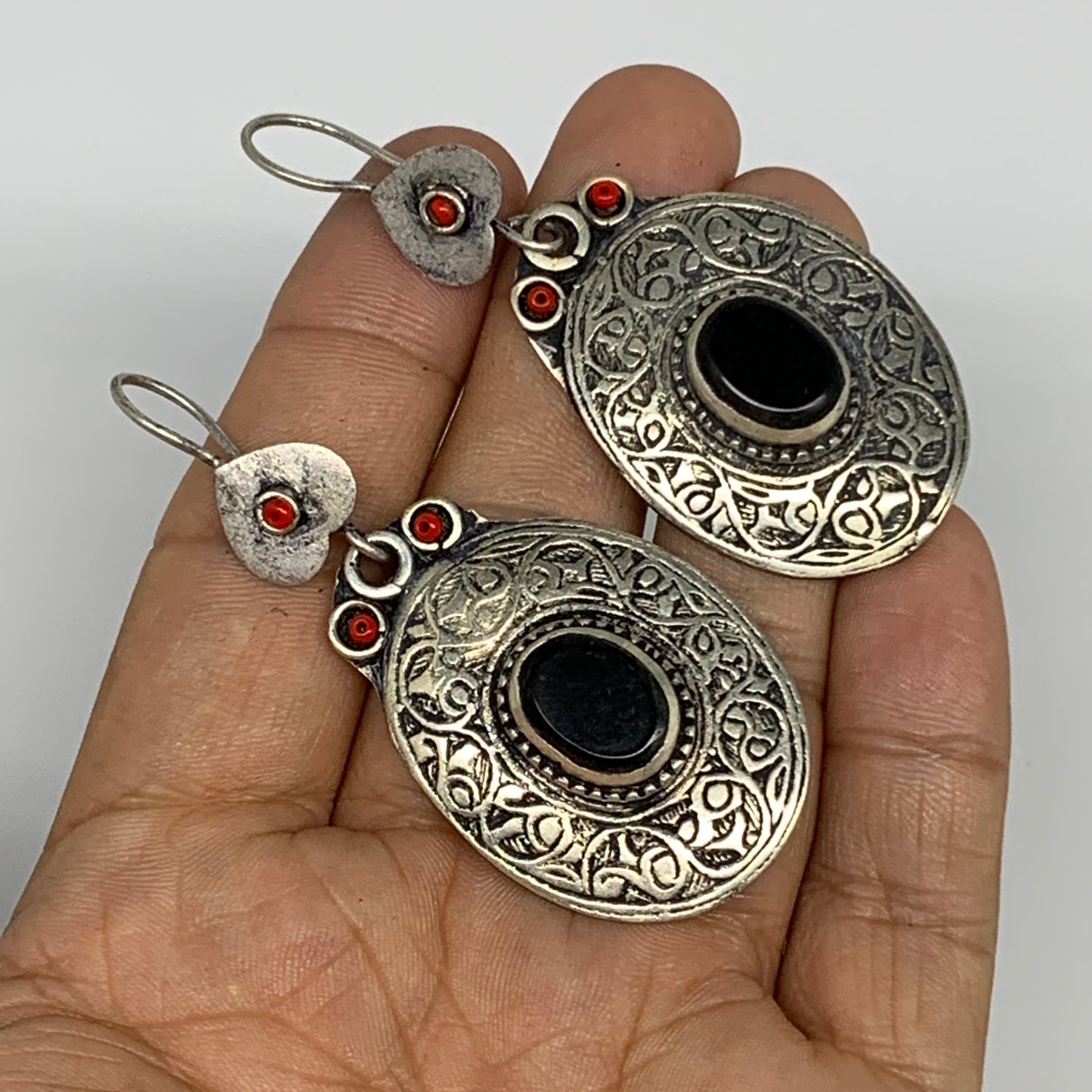 18.9g, 2.6"x1.1" Turkmen Earring Tribal Jewelry Black Carnelian Oval Boho, B1422