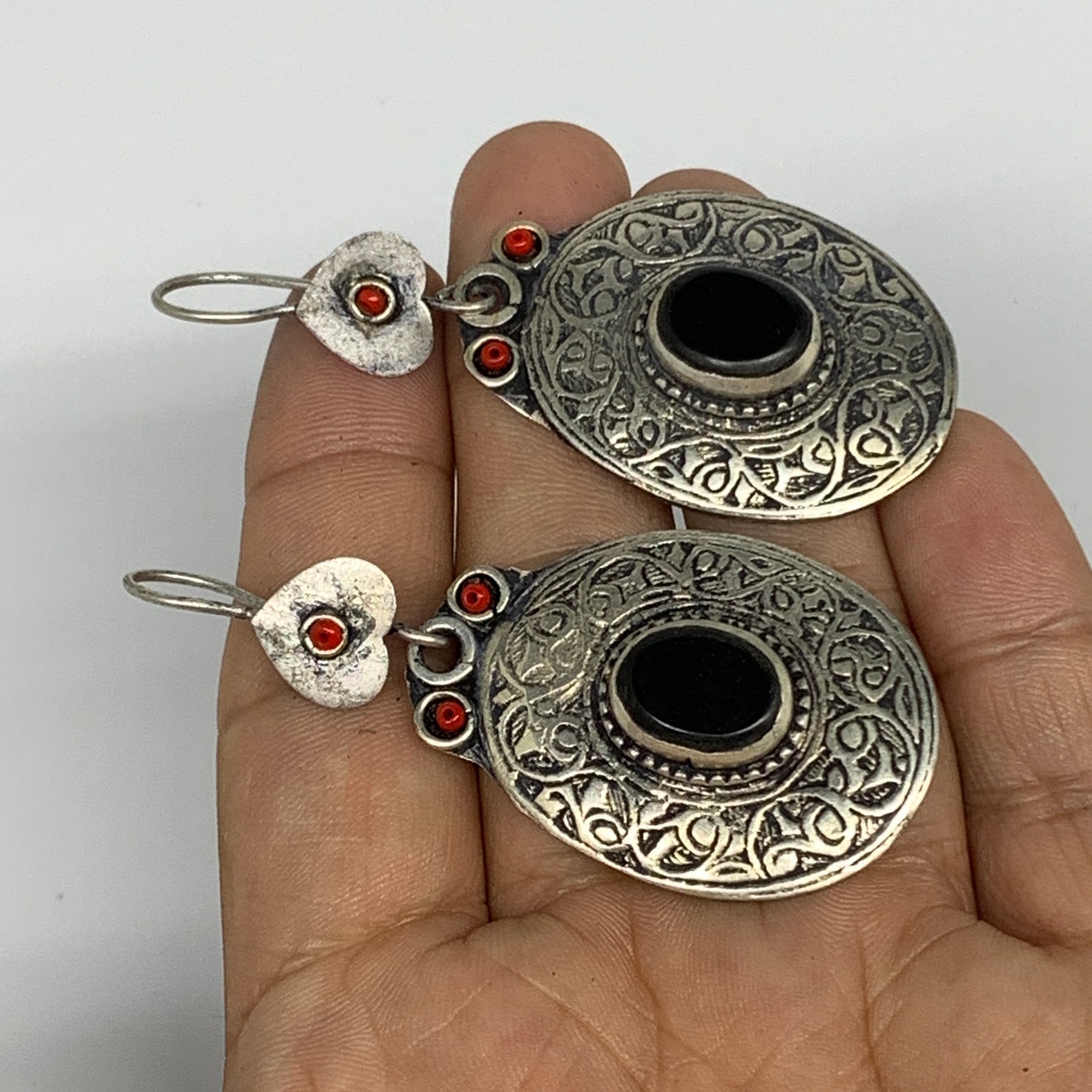 18.9g, 2.6"x1.1" Turkmen Earring Tribal Jewelry Black Carnelian Oval Boho, B1422