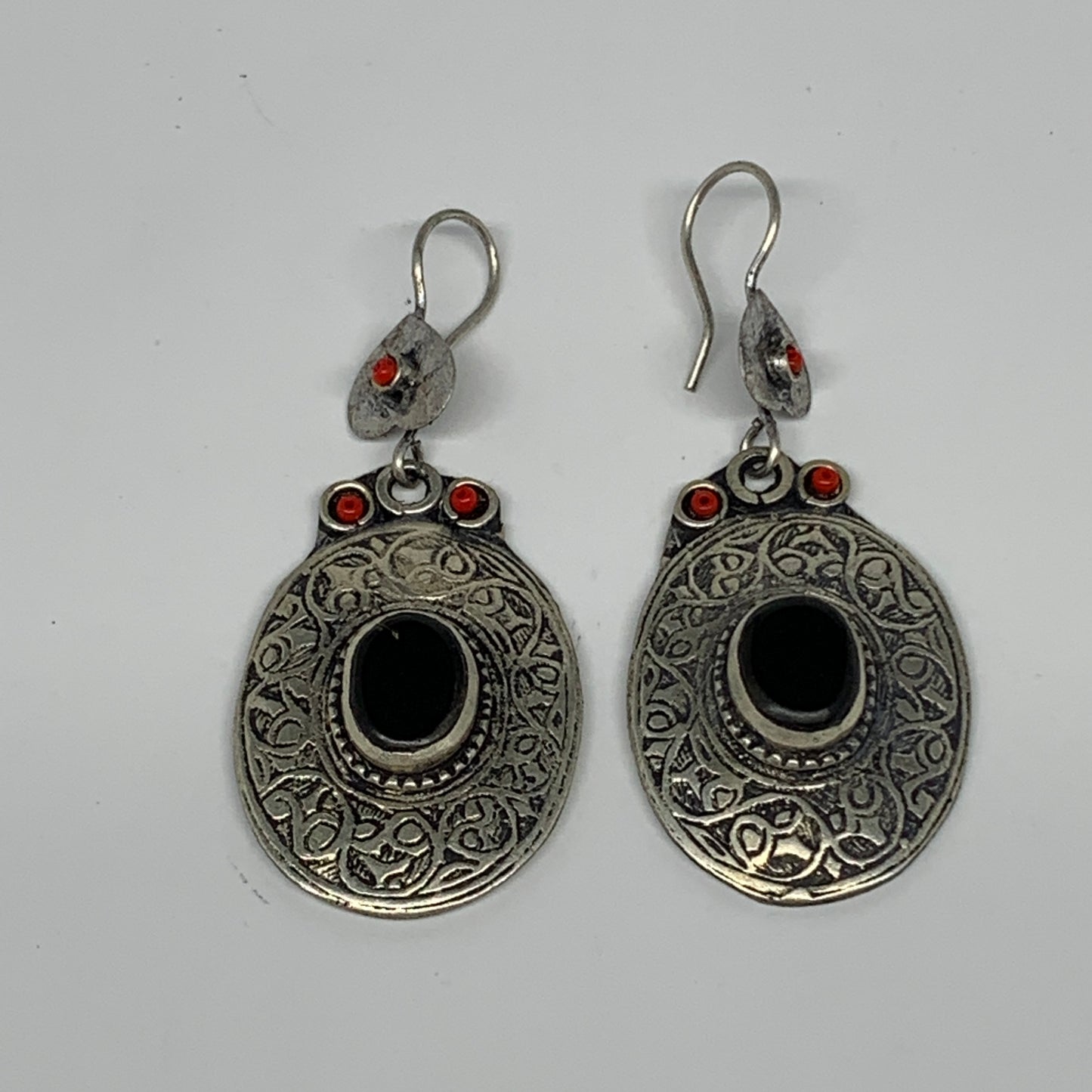 18.9g, 2.6"x1.1" Turkmen Earring Tribal Jewelry Black Carnelian Oval Boho, B1422