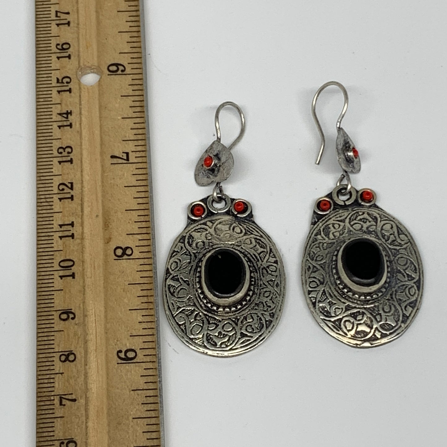 18.9g, 2.6"x1.1" Turkmen Earring Tribal Jewelry Black Carnelian Oval Boho, B1422