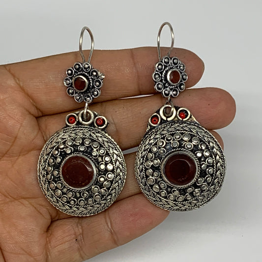 24g, 2.7"x1.3" Turkmen Earring Tribal Jewelry Carnelian Round Boho, B14222