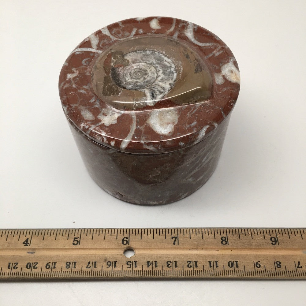 538g, 2.5"x3.4" Round Shape Fossils Ammonite Red Jewelry Box @Morocco, MF1006 - watangem.com