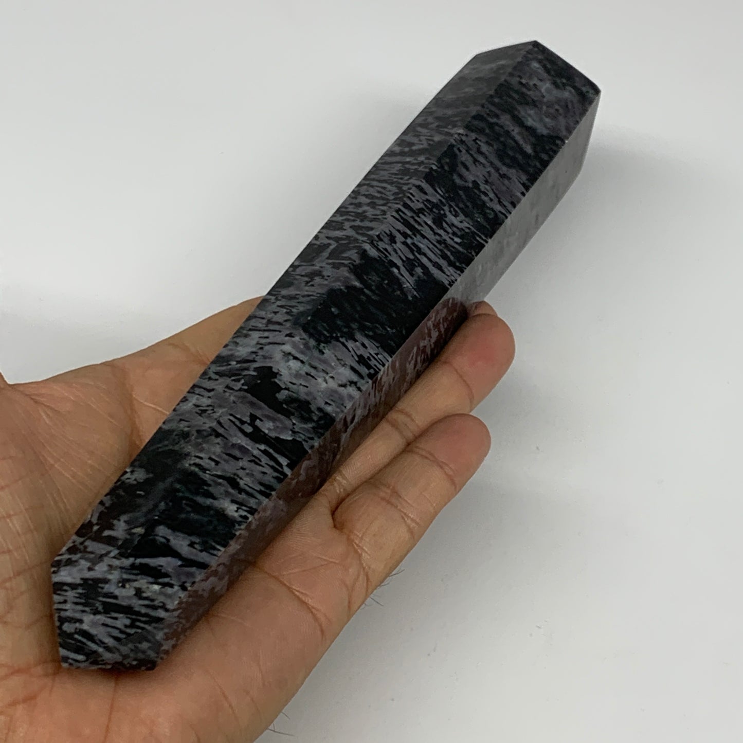475.2g, 8.3"x1.6"x1.4" Indigo Gabro Merlinite Point Tower @Madagascar,B18306