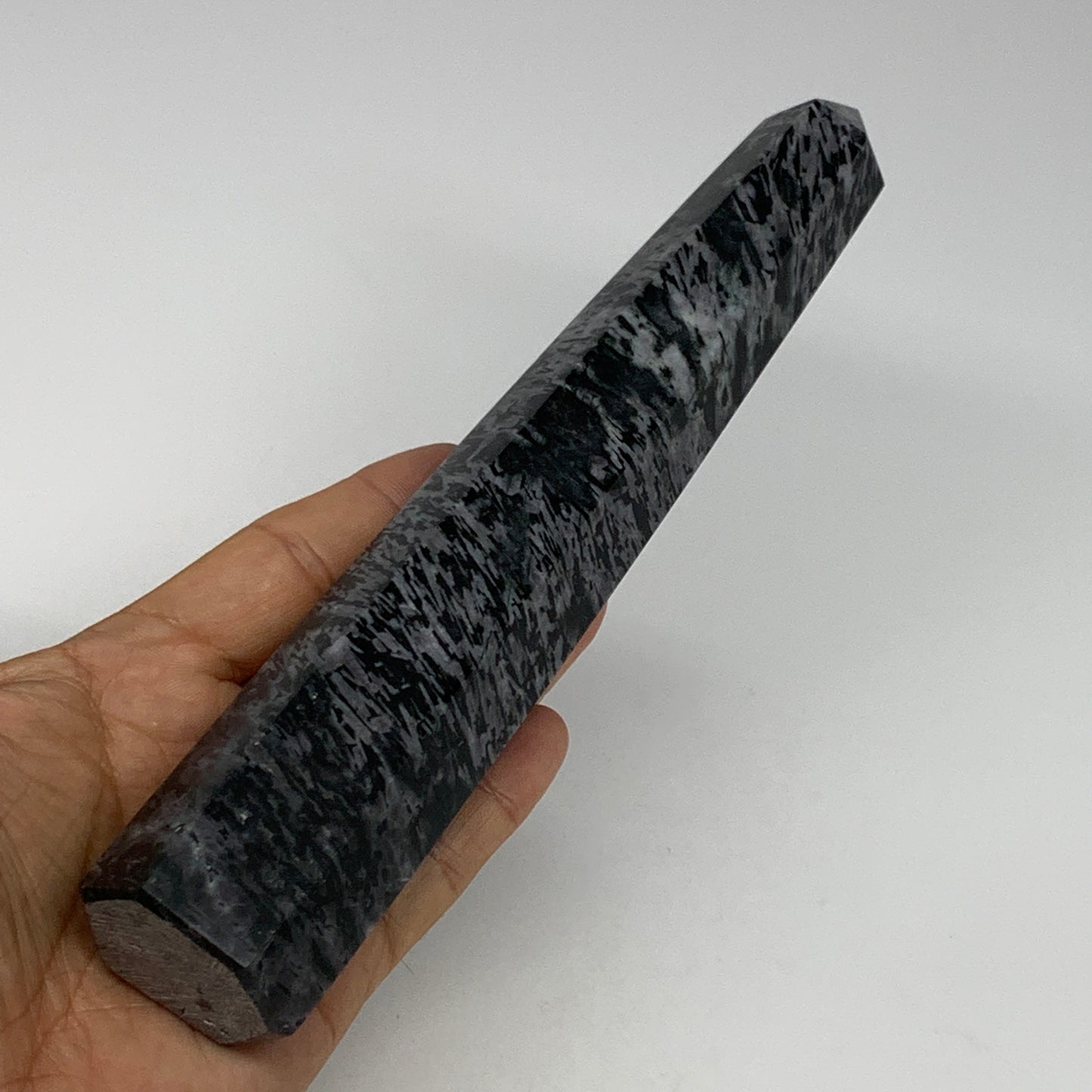 475.2g, 8.3"x1.6"x1.4" Indigo Gabro Merlinite Point Tower @Madagascar,B18306