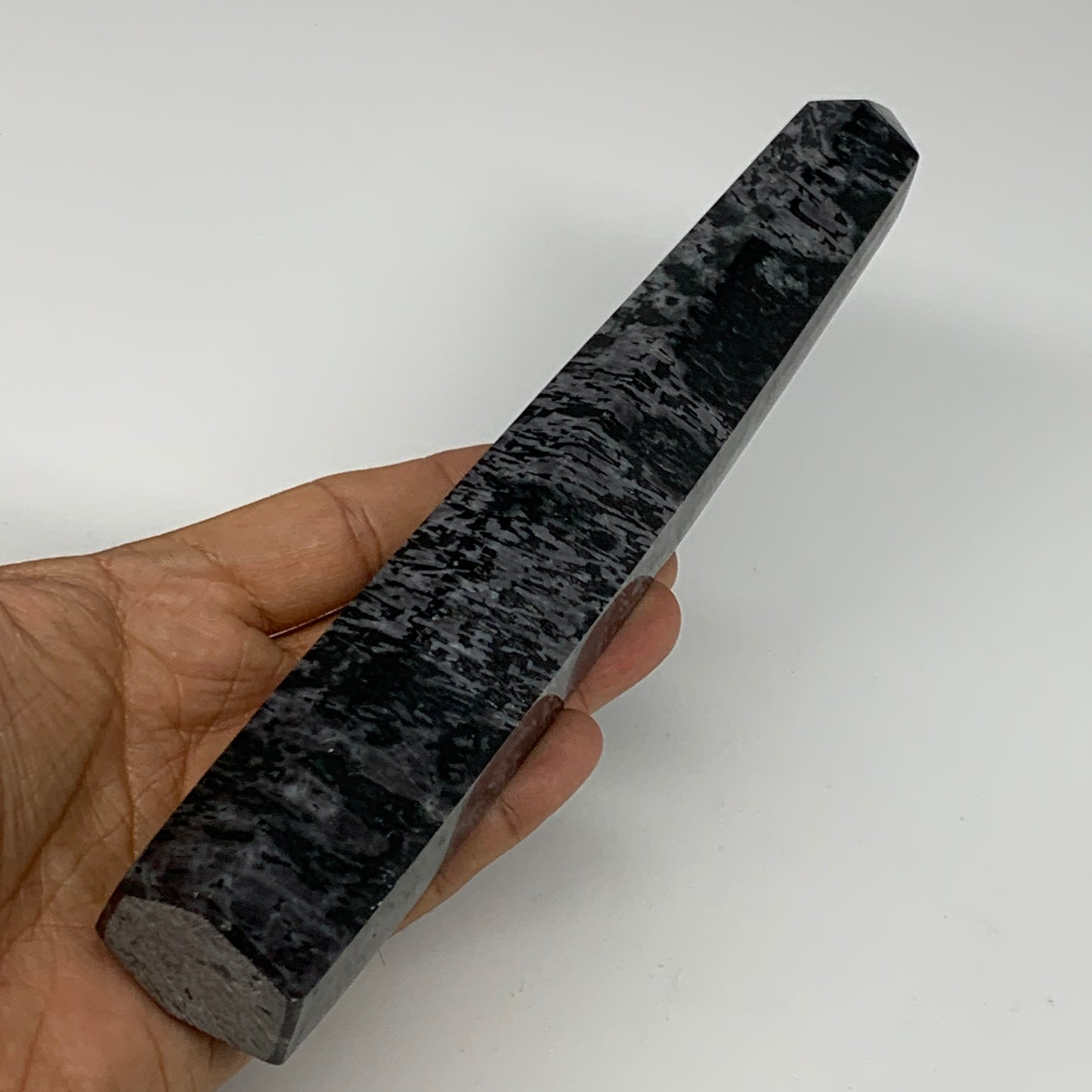 475.2g, 8.3"x1.6"x1.4" Indigo Gabro Merlinite Point Tower @Madagascar,B18306