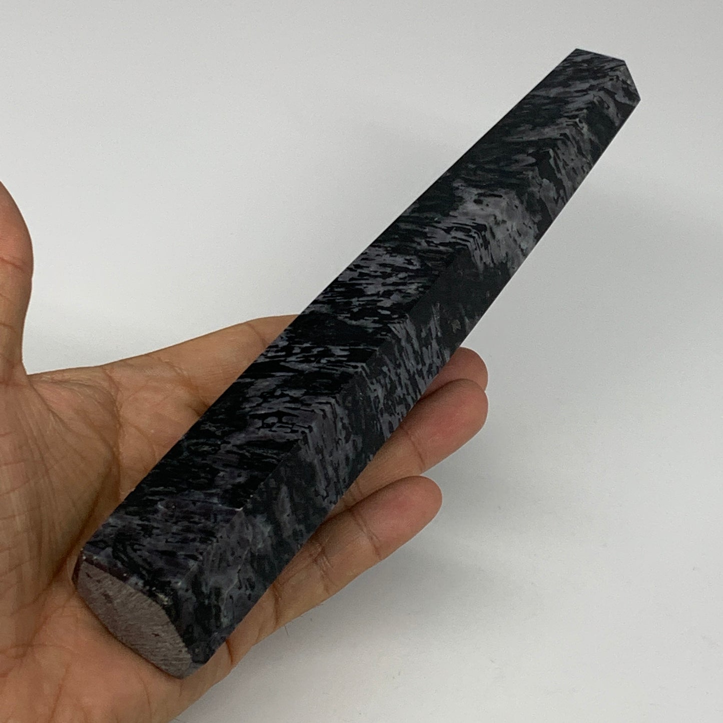 475.2g, 8.3"x1.6"x1.4" Indigo Gabro Merlinite Point Tower @Madagascar,B18306