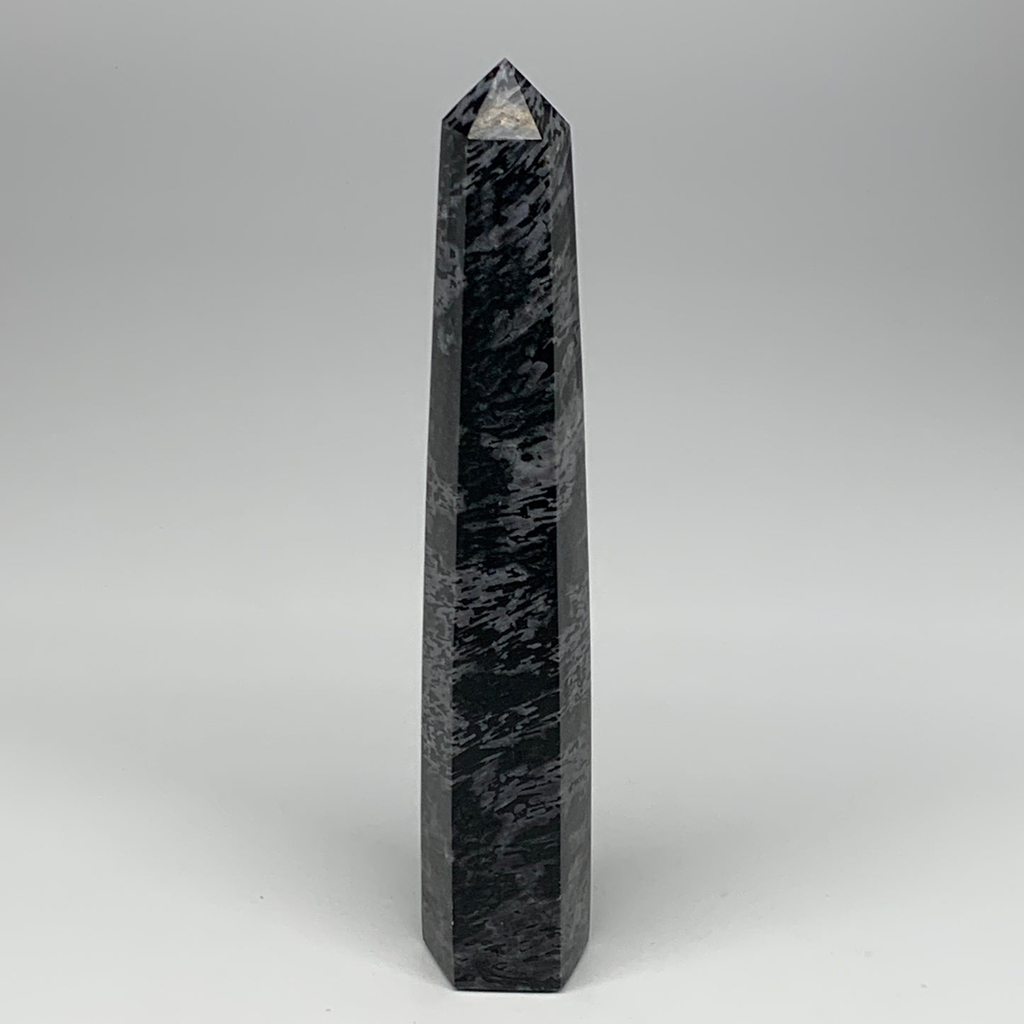 475.2g, 8.3"x1.6"x1.4" Indigo Gabro Merlinite Point Tower @Madagascar,B18306