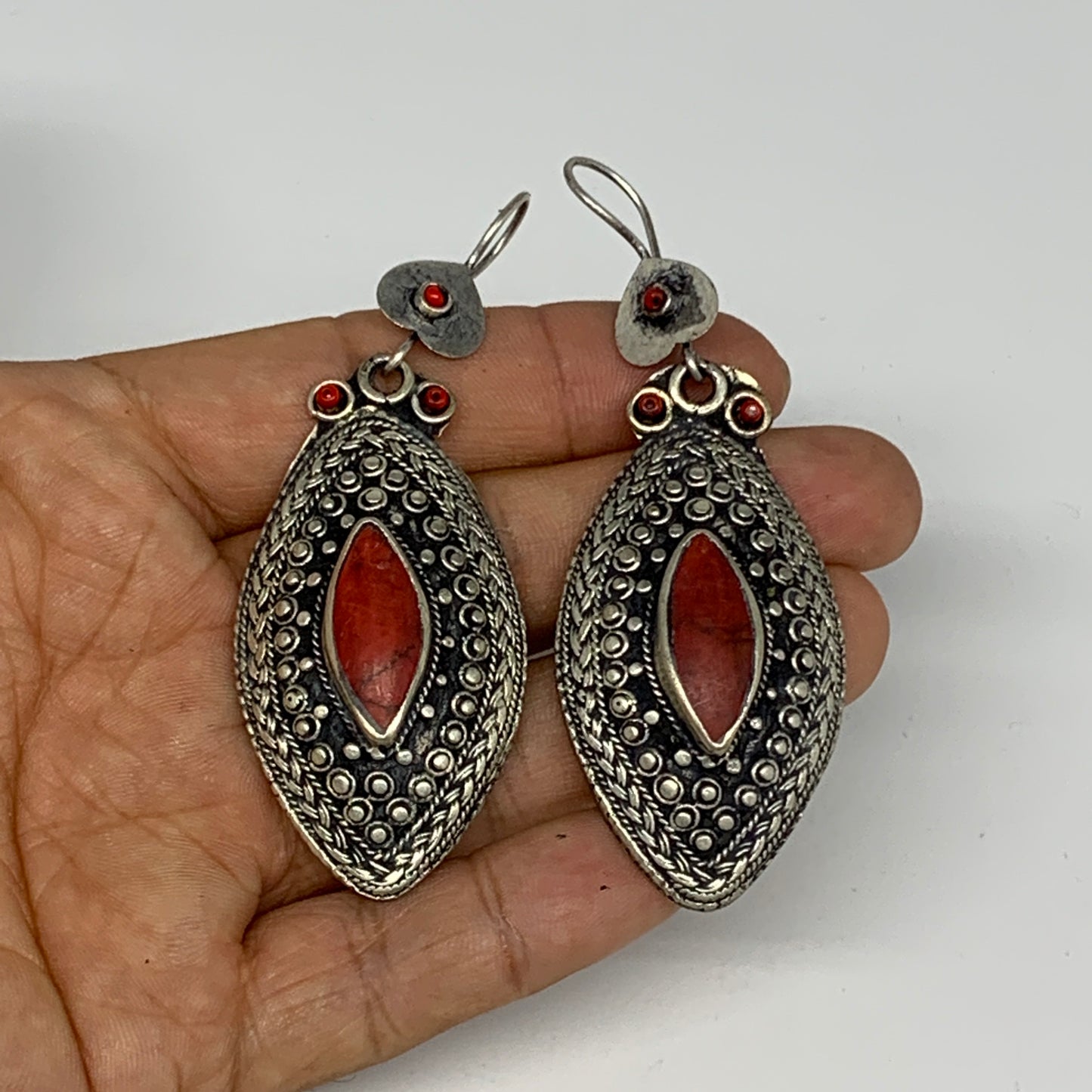 26.1g, 3.1"x1.1" Turkmen Earring Tribal Jewelry Carnelian Marquise Boho, B14309