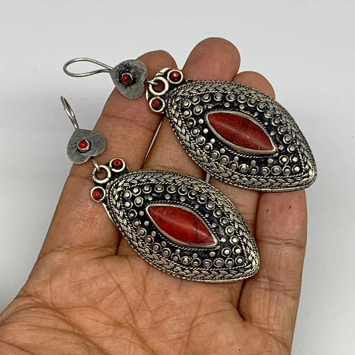 26.1g, 3.1"x1.1" Turkmen Earring Tribal Jewelry Carnelian Marquise Boho, B14309