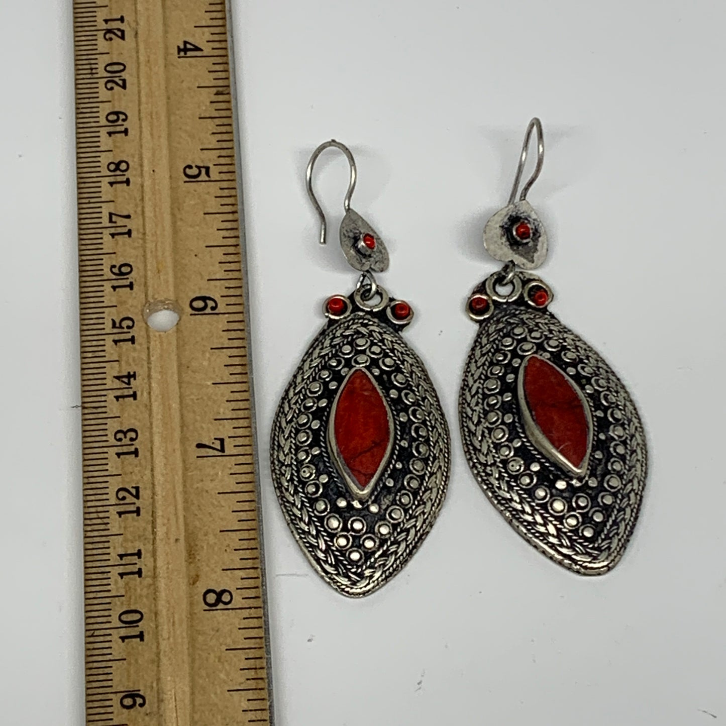26.1g, 3.1"x1.1" Turkmen Earring Tribal Jewelry Carnelian Marquise Boho, B14309