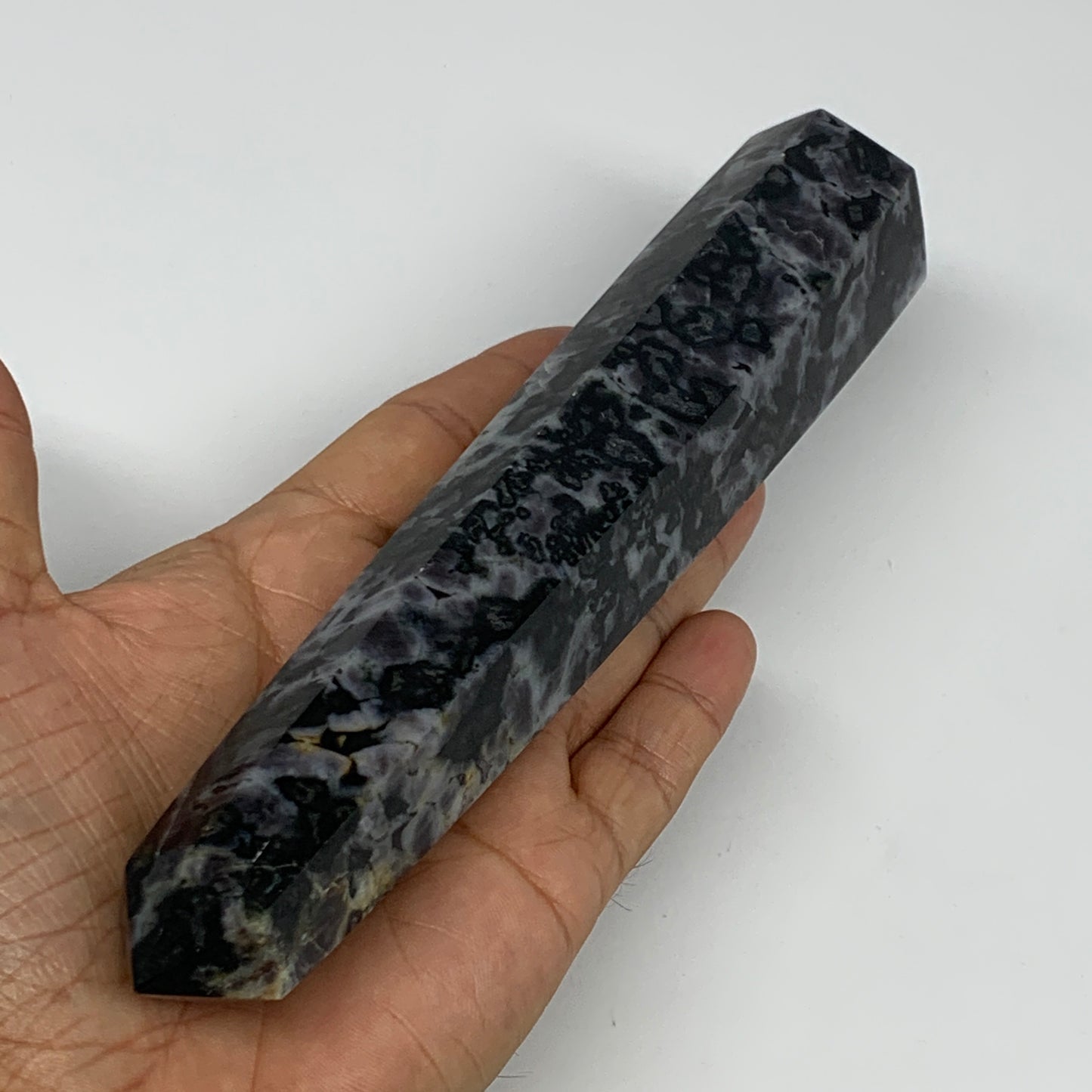 397.8g, 7.3" x 1.5" x 1.4" Indigo Gabro Merlinite Point Tower @Madagascar,B18310