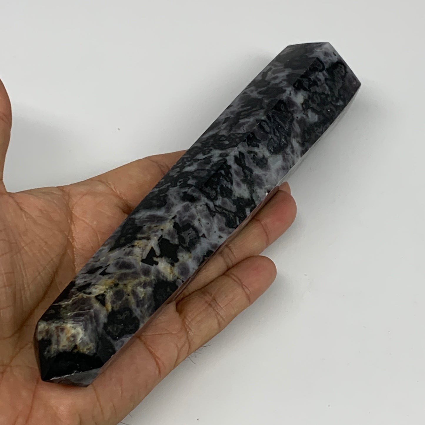 397.8g, 7.3" x 1.5" x 1.4" Indigo Gabro Merlinite Point Tower @Madagascar,B18310