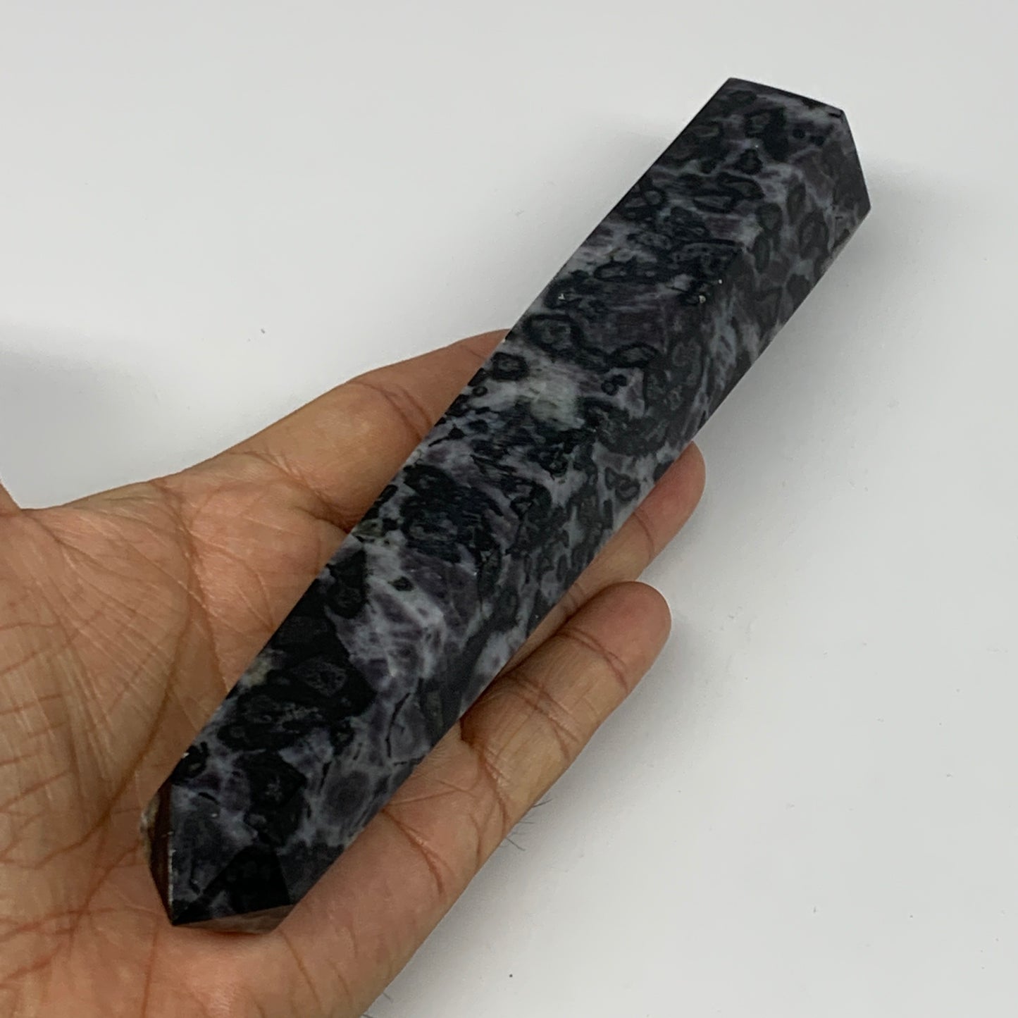 397.8g, 7.3" x 1.5" x 1.4" Indigo Gabro Merlinite Point Tower @Madagascar,B18310