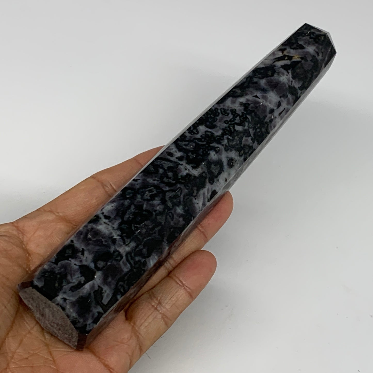 397.8g, 7.3" x 1.5" x 1.4" Indigo Gabro Merlinite Point Tower @Madagascar,B18310