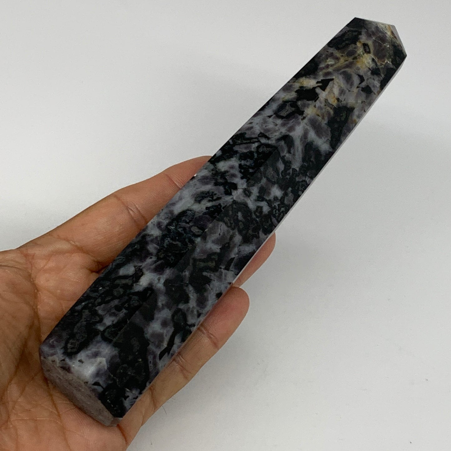 397.8g, 7.3" x 1.5" x 1.4" Indigo Gabro Merlinite Point Tower @Madagascar,B18310