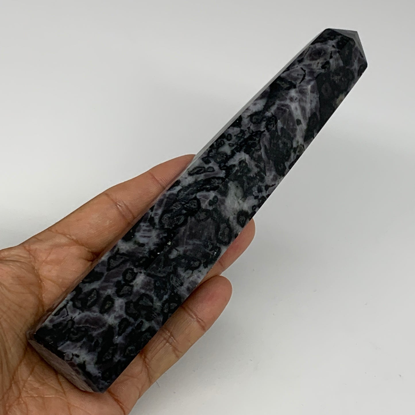 397.8g, 7.3" x 1.5" x 1.4" Indigo Gabro Merlinite Point Tower @Madagascar,B18310