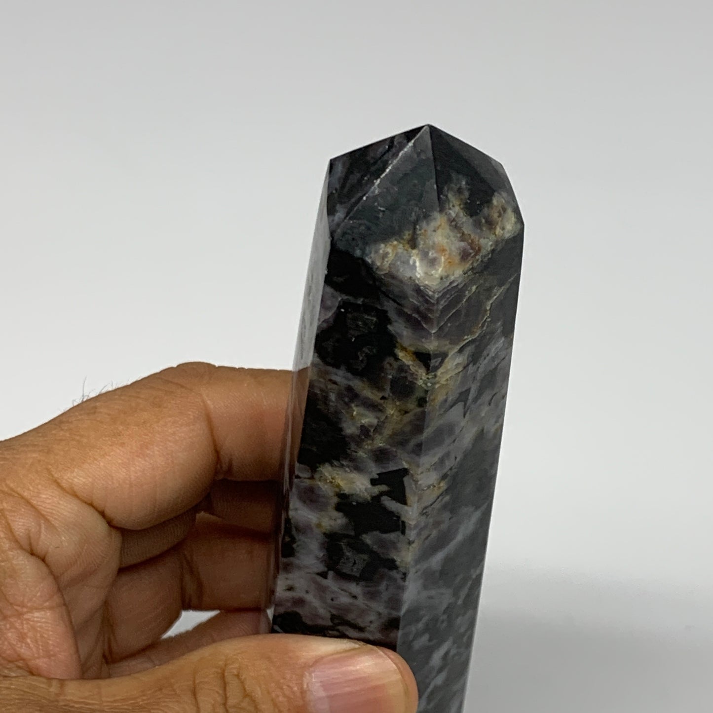 397.8g, 7.3" x 1.5" x 1.4" Indigo Gabro Merlinite Point Tower @Madagascar,B18310