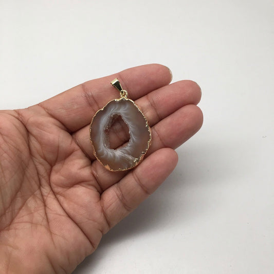 42 Cts Agate Druzy Slice Geode Gold Plated Pendant Handmade from Brazil,Bp858