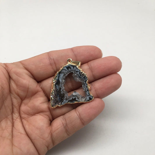 35 Cts Agate Druzy Slice Geode Gold Plated Pendant Handmade from Brazil,Bp859