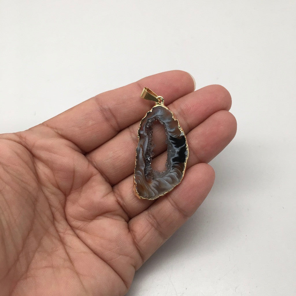 28.5 Cts Agate Druzy Slice Geode Gold Plated Pendant Handmade from Brazil,Bp868 - watangem.com