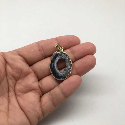 23.5 Cts Agate Druzy Slice Geode Gold Plated Pendant Handmade from Brazil,Bp873
