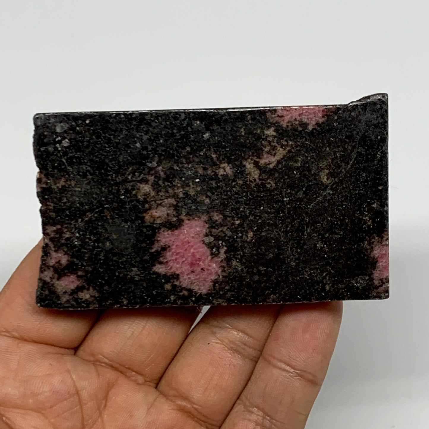 109.7g, 3"x1.7"x0.4", One face polished Rhodonite, One face semi polished, B1600