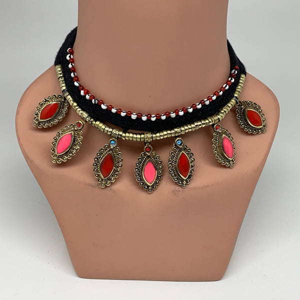 Turkmen Choker Vintage Afghan Kuchi Tribal  Pink Jade Inlay Choker Necklace CN26